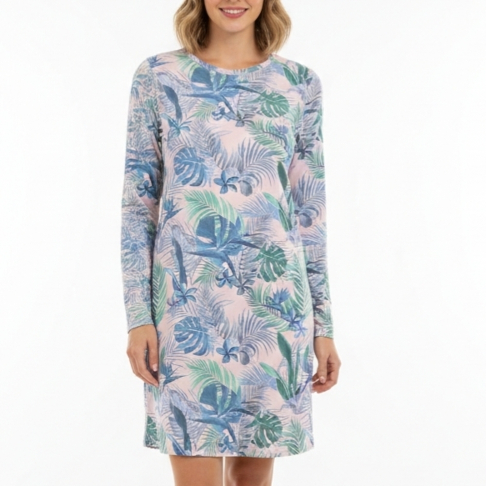 Reel Life XL Tropical Palm Leaf Print Shift Dress Long Sleeve Pink Green Blue